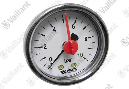 Manometer von Vaillant zur Messung des Drucks, skaliert in bar von 0 bis 10, mit rot markiertem Zeiger auf einem weißen Ziffernblatt.